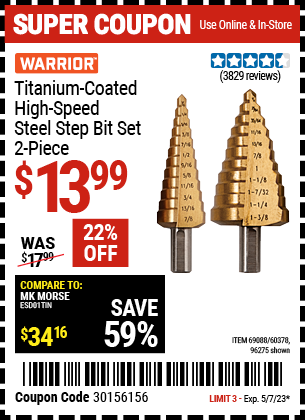 WARRIOR: Titanium Coated High Speed Steel Step Bit Set, 2 Piece