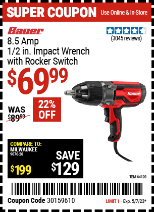 BAUER: 8.5 Amp 1/2 in. Impact Wrench with Rocker Switch