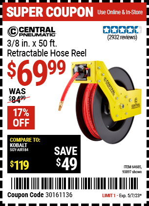 CENTRAL PNEUMATIC: 3/8 in. x 50 ft. Retractable Hose Reel