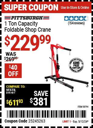 PITTSBURGH: 1 Ton Capacity Foldable Shop Crane