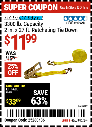 HAUL-MASTER: 3300 lb. Capacity, 2 in. x 27 ft. Ratcheting Tie Down