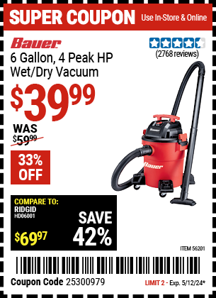 BAUER: 6 Gallon, 4 Peak HP Wet/Dry Vacuum