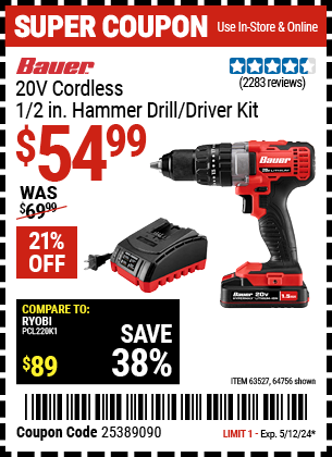BAUER: 20V Cordless, 1/2 in. Hammer Drill/Driver Kit