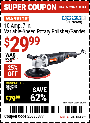WARRIOR: 10 Amp, 7 in. Variable-Speed Rotary Polisher/Sander