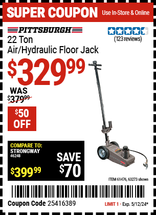 PITTSBURGH AUTOMOTIVE: 22 ton Air/Hydraulic Floor Jack