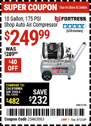 FORTRESS: 10 Gallon, 175 PSI Ultra-Quiet Horizontal Shop/Auto Air Compressor
