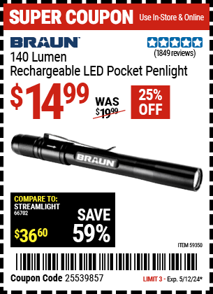 BRAUN: 140 Lumen Rechargeable LED Pocket Penlight