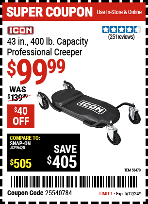ICON: 400 lb. Capacity 43 in. Professional Creeper