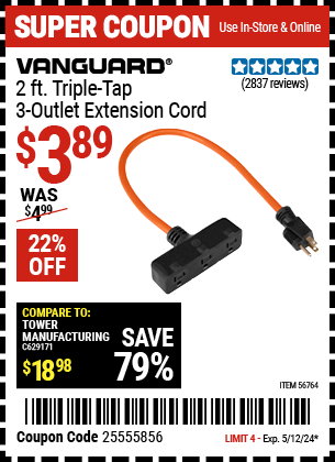VANGUARD: 2 ft. Triple Tap 3 Outlet Extension Cord