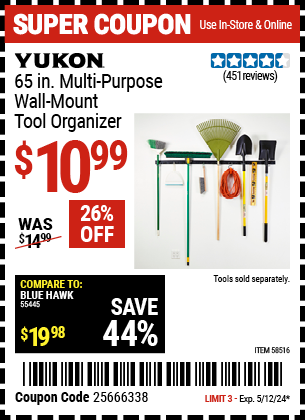 YUKON: 65 in. Multi-Purpose Wall Mount Tool Organizer