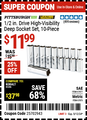 PITTSBURGH PRO: 1/2 in. Drive SAE High-Visibility Deep Socket Set, 10-Piece