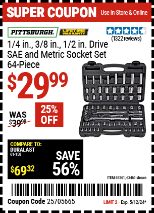 PITTSBURGH: 1/4 in., 3/8 in., 1/2 in. Drive SAE and Metric Socket Set, 64-Piece
