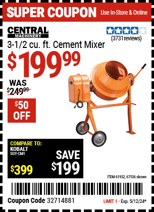 CENTRAL MACHINERY: 3-1/2 Cubic Ft. Cement Mixer