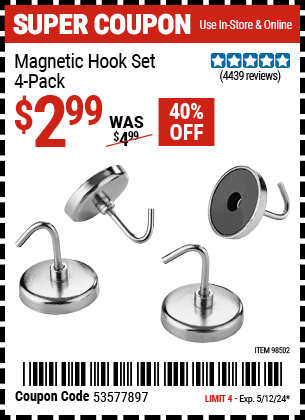HFT: Magnetic Hook Set, 4 Pack