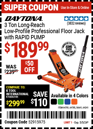 DAYTONA: 3 Ton Long-Reach Low-Profile Professional Floor Jack with RAPID PUMP