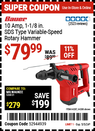 BAUER: 10 Amp, 1-1/8 in. SDS Type Variable-Speed Rotary Hammer