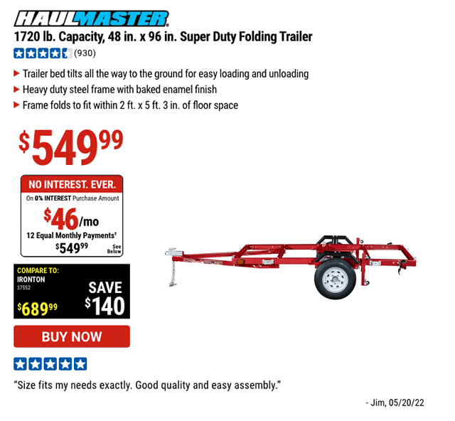 HAUL-MASTER 1720 Lb. Capacity 48 In. X 96 In. Super Duty Folding Trailer  for $339.99 – Harbor Freight Coupons
