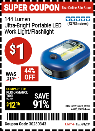 HFT: 144 Lumen Ultra-Bright Portable LED Worklight/Flashlight