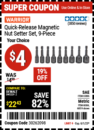 WARRIOR: Quick Release Magnetic SAE Nut Setter Set, 9 Piece