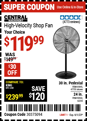 CENTRAL MACHINERY: 30 in. Pedestal High Velocity Shop Fan