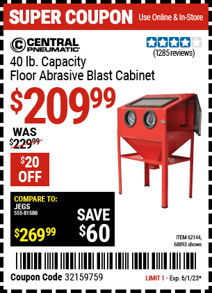 CENTRAL PNEUMATIC: 40 lb. Capacity Floor Abrasive Blast Cabinet