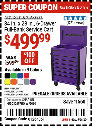 U.S. GENERAL 34 in. x 23 in., 6-Drawer Full-Bank Service Cart - Coupon