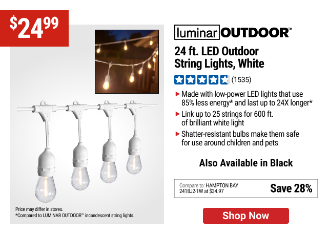 LUMINAR OUTDOOR 24 ft. LED Outdoor String Lights, White