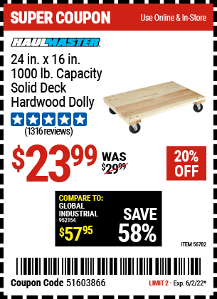24 in x 16 in 1000 lb Capacity Solid Deck Hardwood Dolly
