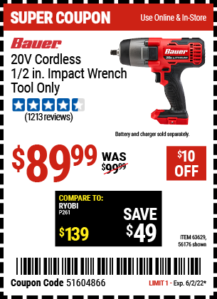 20v Cordless 1 2 in Impact Wrench Tool Only