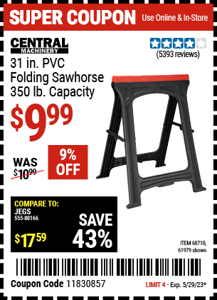 CENTRAL MACHINERY: 31 in. PVC Folding Sawhorse, 350 lb. Capacity
