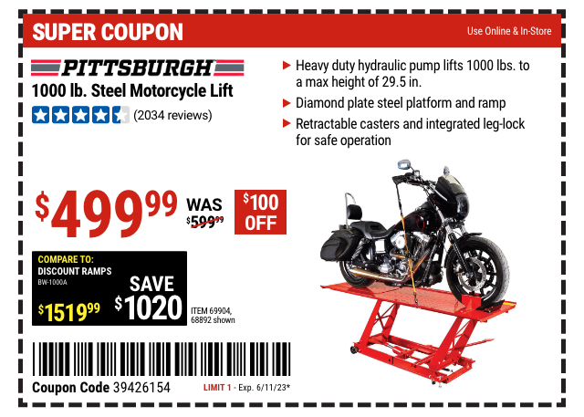 Motorcycle lift store coupon