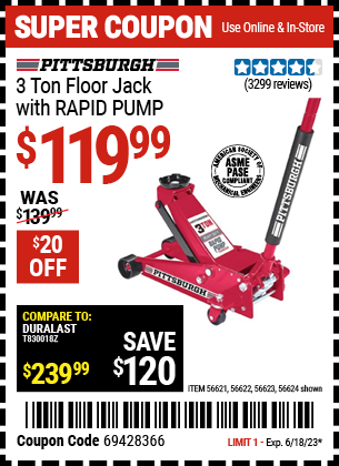 PITTSBURGH: 3 ton Floor Jack with RAPID PUMP, Red