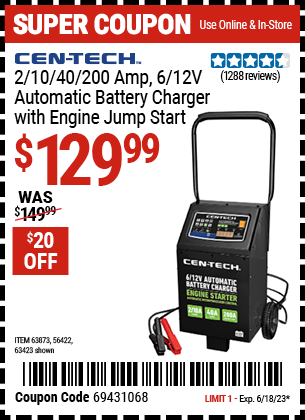 CEN-TECH: 2/10/40/200A 6/12V Automatic Battery Charger with Engine Jump Start