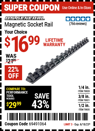 U.S. GENERAL: 1/2 in. Magnetic Socket Rail - Black
