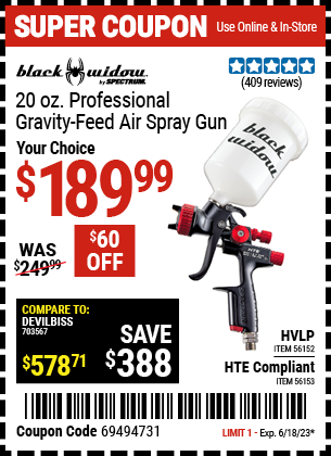 BLACK WIDOW BY SPECTRUM: Professional HTE Compliant Gravity-Feed Air Spray Gun with Side Fan Control