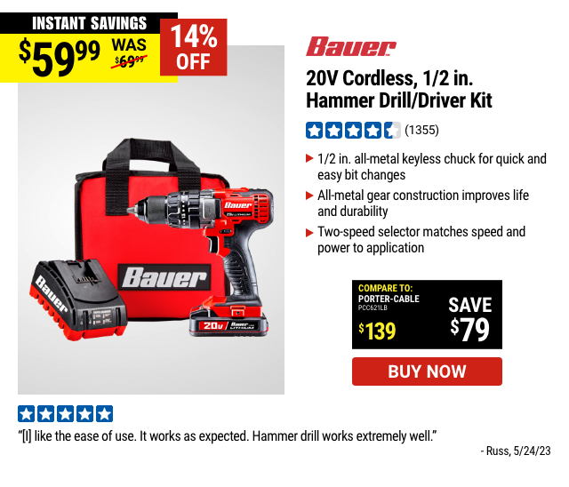 BAUER: 20V Cordless 1/2 in. Hammer Drill/Driver Kit
