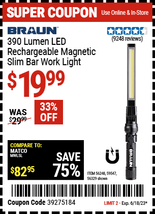 BRAUN: 390 Lumen LED Rechargeable Magnetic Slim Bar Work Light
