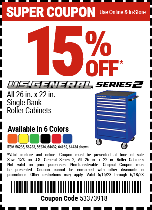 15% OFF U.S. GENERAL SERIES 2 ALL 26 IN. X 22 IN. SINGLE-BANK ROLLER CABINET