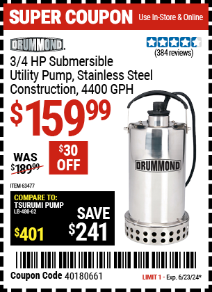 DRUMMOND: 3/4 HP Submersible Utility Pump Stainless Steel Construction 4400 GPH
