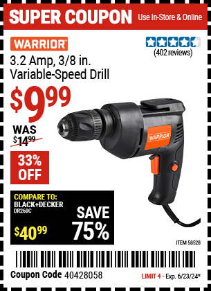 WARRIOR: 3.2 Amp 3/8 in. Variable Speed Drill