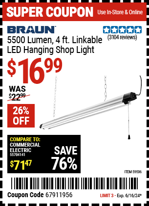 BRAUN: 5500 Lumen, 4 ft. Linkable LED Hanging Shop Light