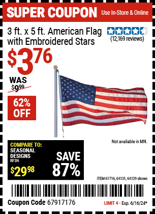 HFT: 3 Ft. x 5 Ft. American Flag with Embroidered Stars