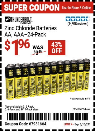 THUNDERBOLT MAGNUM: AA Zinc Chloride Batteries, 24 Pack