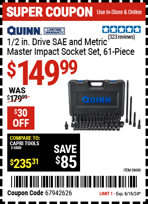 QUINN: 1/2 in. Drive SAE and Metric Master Impact Socket Set, 61 Piece