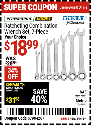 PITTSBURGH: Metric Ratcheting Combination Wrench Set, 7-Piece