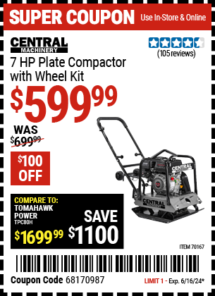 CENTRAL MACHINERY: 7 HP Plate Compactor with Wheel Kit