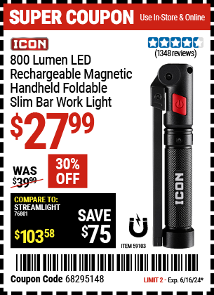 ICON: 800 Lumen LED Rechargeable Magnetic Handheld Foldable Slim Bar Work Light