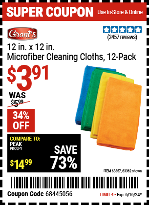 GRANT'S: Microfiber Cleaning Cloth 12 in. x 12 in., 12-Pack