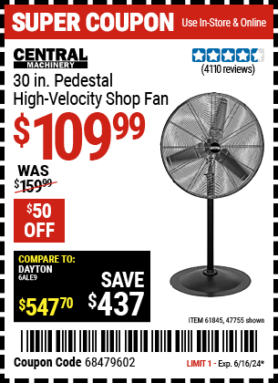 CENTRAL MACHINERY: 30 in. Pedestal High Velocity Shop Fan
