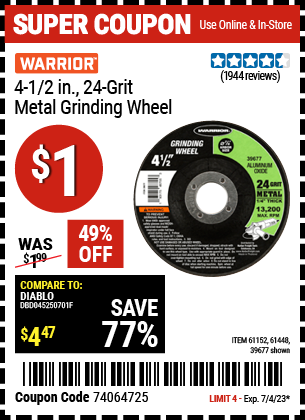 WARRIOR: 4-1/2 in. 24 Grit Metal Grinding Wheel